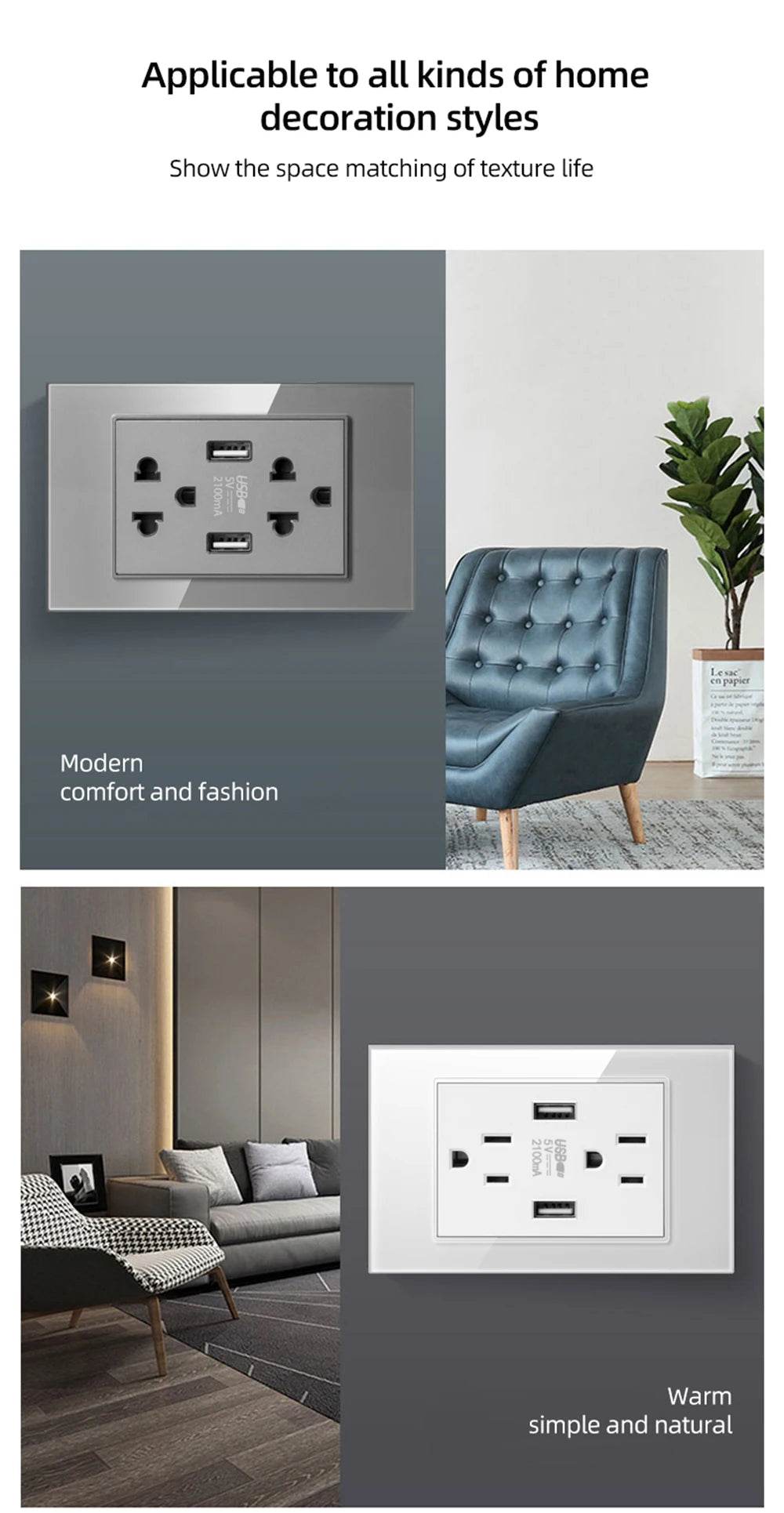 Herepow 118 Series Thailand American Standard Dual USB Wall Socket Smart Home Appliance Plug Adapter Type-c 3.1A Fast Charging - Dreamy-Designs Store Online
