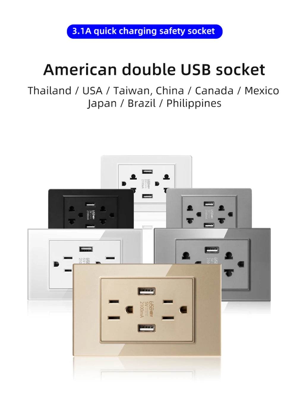 Herepow 118 Series Thailand American Standard Dual USB Wall Socket Smart Home Appliance Plug Adapter Type-c 3.1A Fast Charging - Dreamy-Designs Store Online