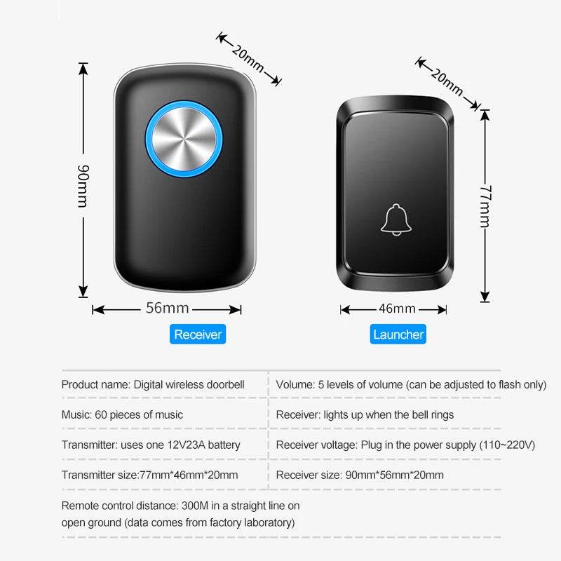 Smart Wireless Doorbell Family Door Bell Chime Kit 300M/1000Ft Long Distance 60 Songs Intelligent Doorbell Kit US EU Plug - Dreamy-Designs Store Online