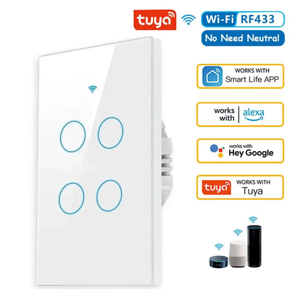 Tuya US WiFi Smart Wall Switch RF433 1/2/3/4 Gang No Neutral Wire Touch Sensor LED Light Switches Smart Home Alexa Google Home - Dreamy-Designs Store Online