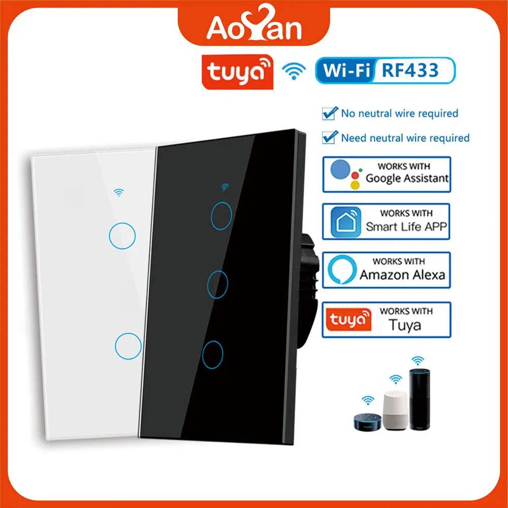 Tuya US WiFi Smart Wall Switch RF433 1/2/3/4 Gang No Neutral Wire Touch Sensor LED Light Switches Smart Home Alexa Google Home - Dreamy-Designs Store Online