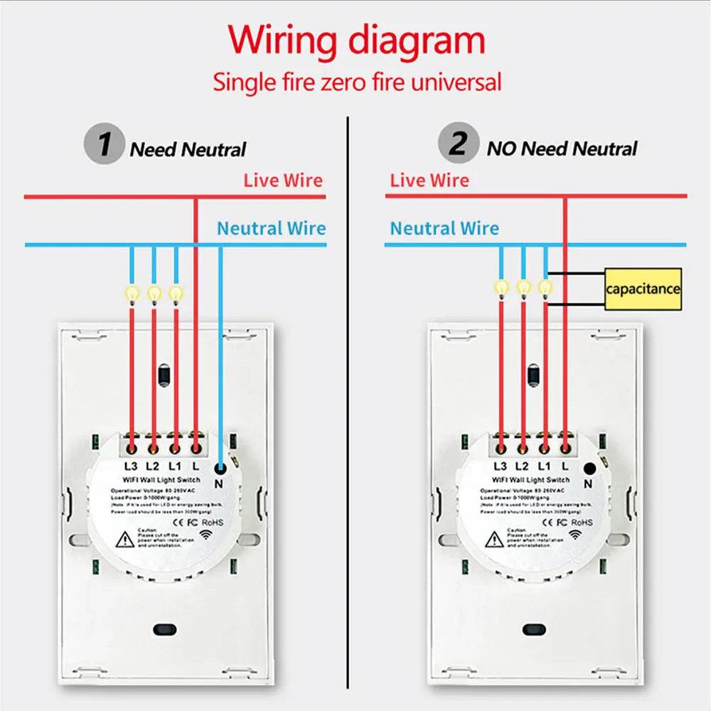 Tuya US WiFi Smart Wall Switch RF433 1/2/3/4 Gang No Neutral Wire Touch Sensor LED Light Switches Smart Home Alexa Google Home - Dreamy-Designs Store Online