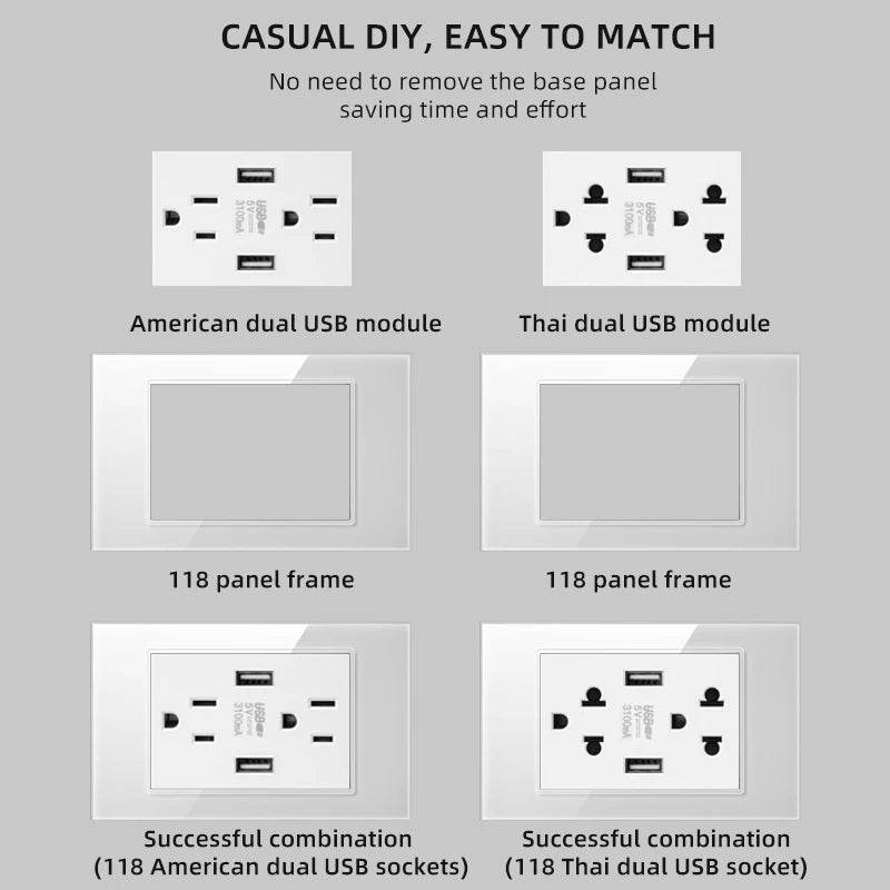 Herepow 118 Series Thailand American Standard Dual USB Wall Socket Smart Home Appliance Plug Adapter Type-c 3.1A Fast Charging - Dreamy-Designs Store Online