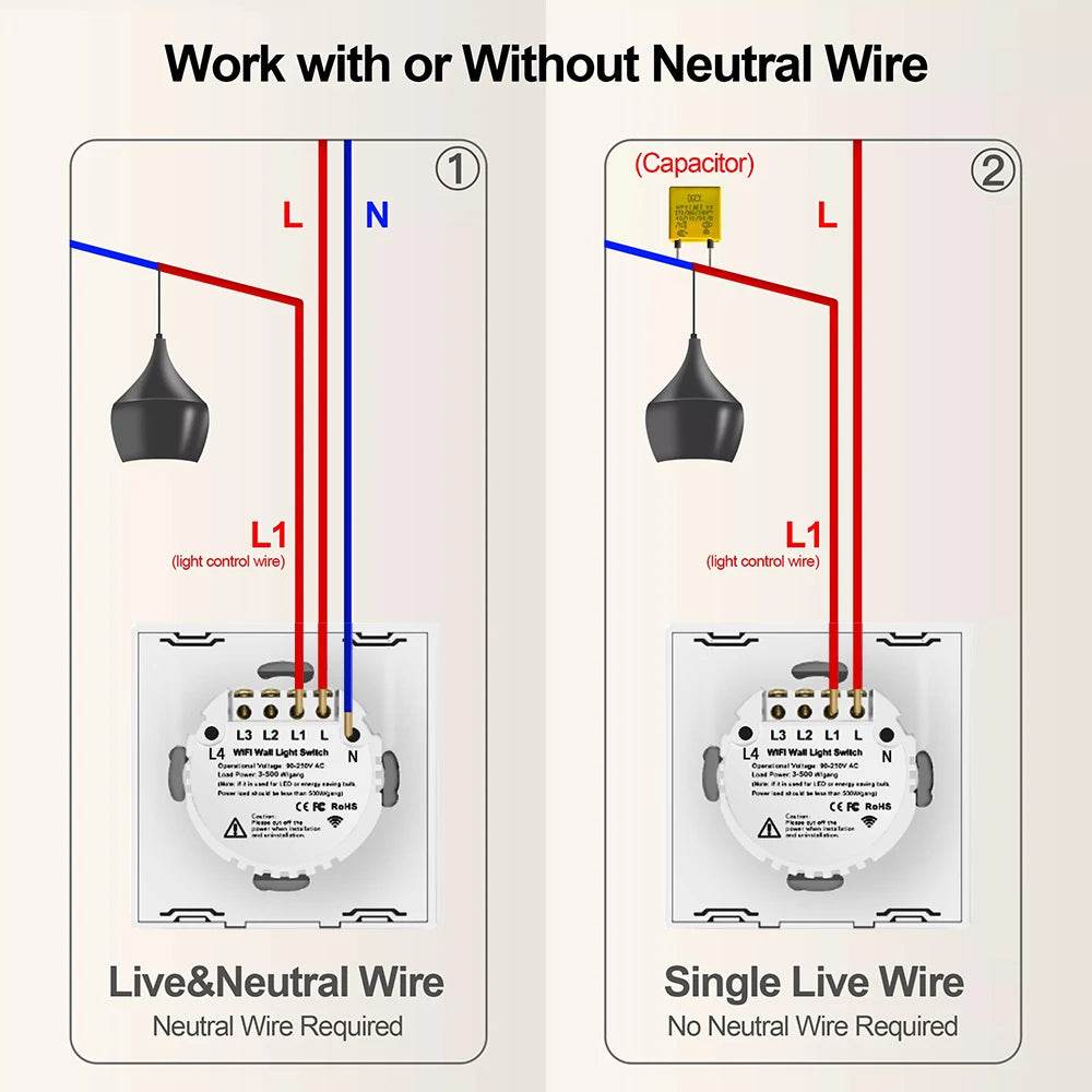 BONDA Smart Switch Alexa RF433 No Neutral Tuya Control Works With Google 1/2/3 Gang Smart Life Home Light WiFi Touch Switches - Dreamy-Designs Store Online