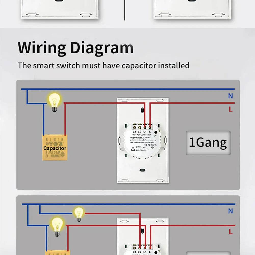 Tuya US WiFi Smart Wall Switch RF433 1/2/3/4 Gang No Neutral Wire Touch Sensor LED Light Switches Smart Home Alexa Google Home - Dreamy-Designs Store Online