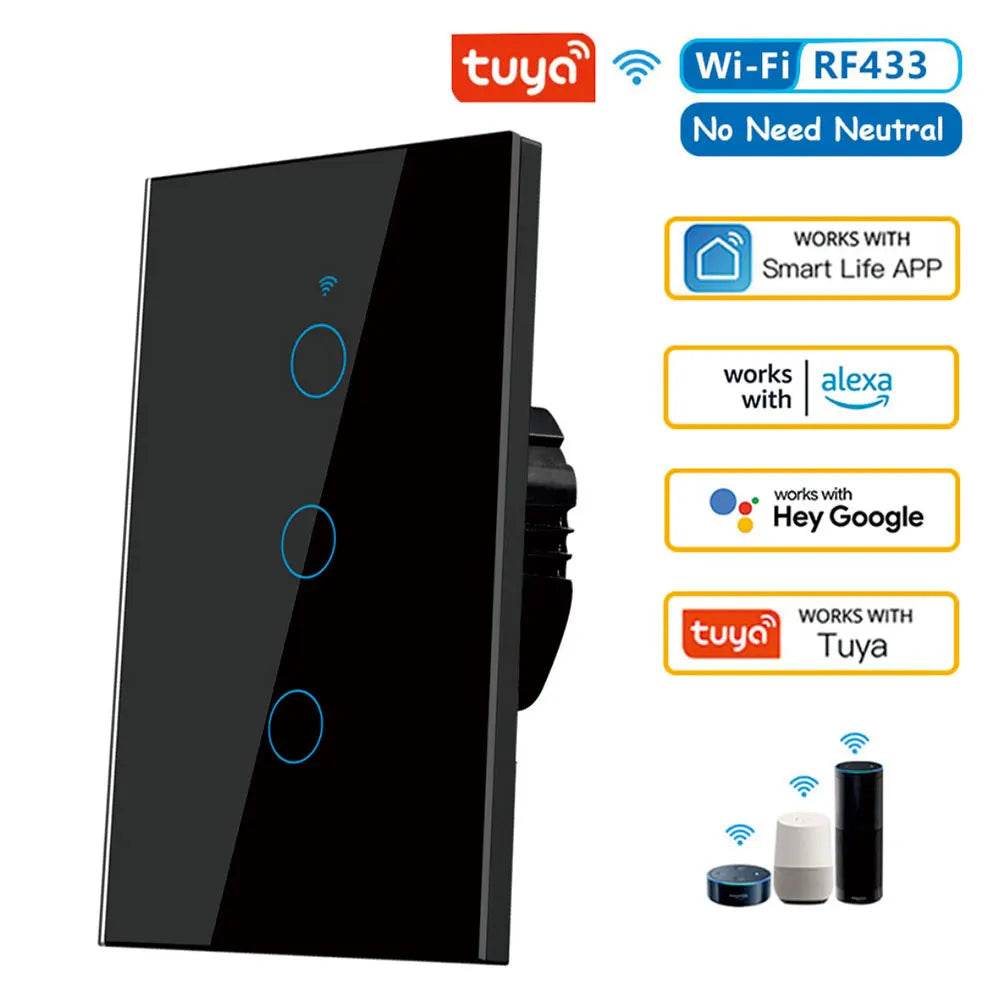 Tuya US WiFi Smart Wall Switch RF433 1/2/3/4 Gang No Neutral Wire Touch Sensor LED Light Switches Smart Home Alexa Google Home - Dreamy-Designs Store Online