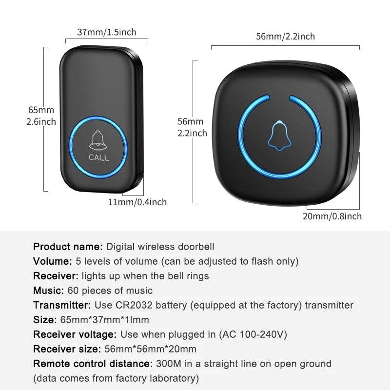 Wireless Doorbell Intelligent Welcome Door Bell 300M/984 FT Remote 60 Songs Melodies Home Smart Doorbell US EU Plug Optional - Dreamy-Designs Store Online