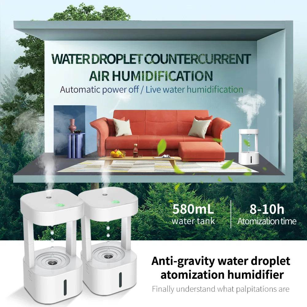 580ML Anti-Gravity Water Drop Humidifier (3 Modes) / Levitating Water Drops / Ultrasonic Cool Mist Maker / Fogger / LED Night Light / Essential Oil Diffuser / Aromatherapy / Home Office Portable - Dreamy-Designs Store Online