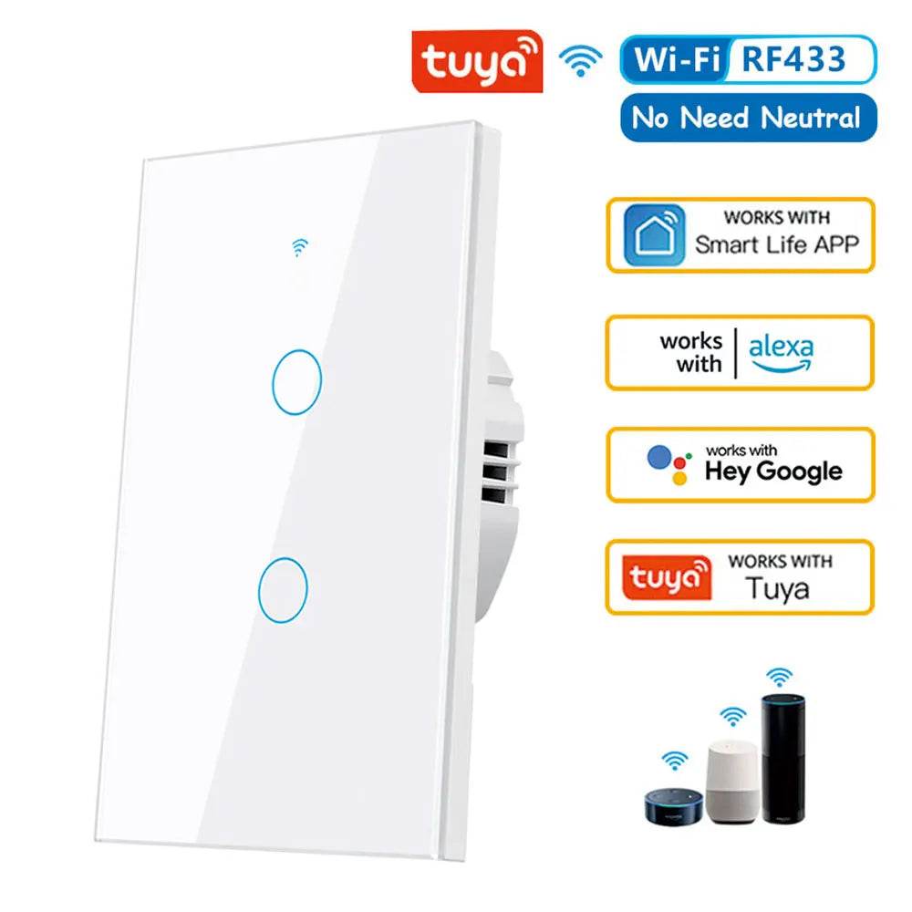 Tuya US WiFi Smart Wall Switch RF433 1/2/3/4 Gang No Neutral Wire Touch Sensor LED Light Switches Smart Home Alexa Google Home - Dreamy-Designs Store Online