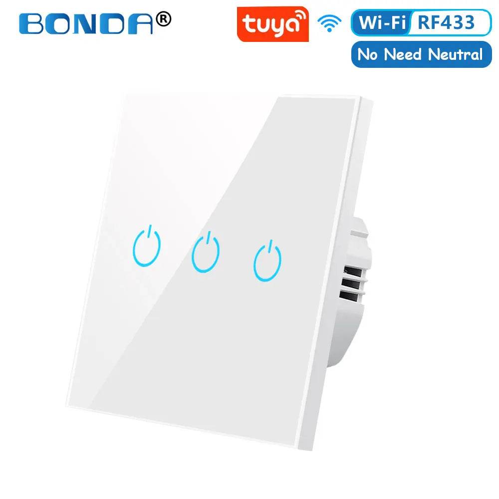 BONDA Smart Switch Alexa RF433 No Neutral Tuya Control Works With Google 1/2/3 Gang Smart Life Home Light WiFi Touch Switches - Dreamy-Designs Store Online