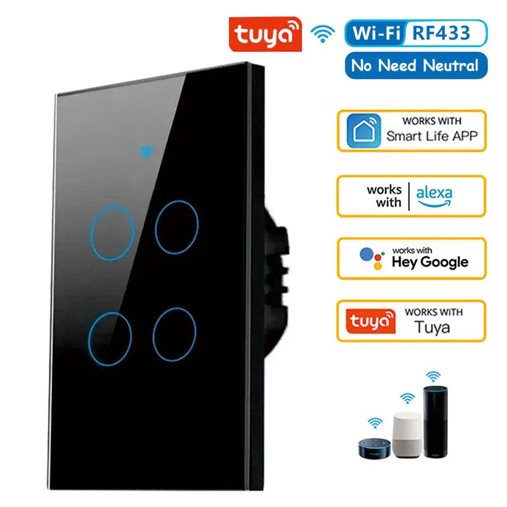 Tuya US WiFi Smart Wall Switch RF433 1/2/3/4 Gang No Neutral Wire Touch Sensor LED Light Switches Smart Home Alexa Google Home - Dreamy-Designs Store Online