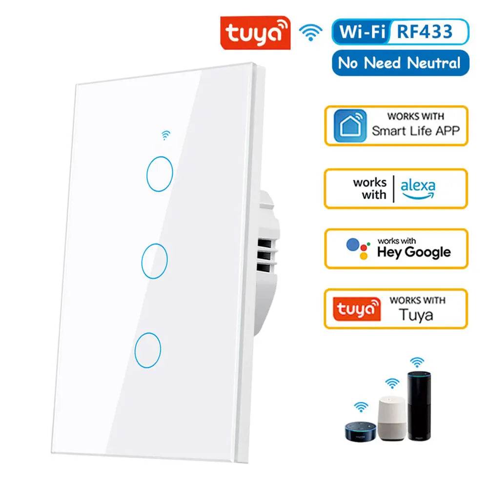 Tuya US WiFi Smart Wall Switch RF433 1/2/3/4 Gang No Neutral Wire Touch Sensor LED Light Switches Smart Home Alexa Google Home - Dreamy-Designs Store Online