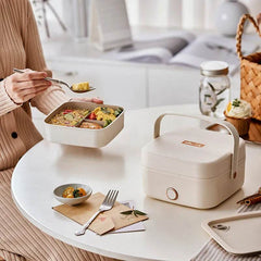 Simple Plug-in Thermal Insulation Water-free Electric Lunch Box (1000ML) - Stainless Steel / Button Control / Maifanshi Coating / Beige - Dreamy-Designs Store Online