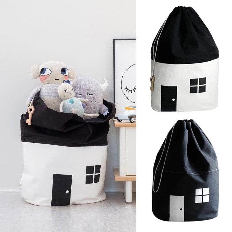 Baby Toy Storage Bag Play Mat (House Design) - Large Capacity Cotton Canvas Carpet for Kids Room Decor (White/Black) - Dreamy-Designs Store Online